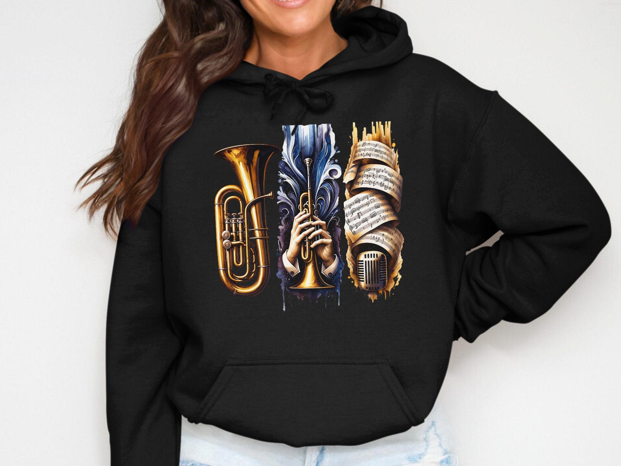 Music Lovers Hoodie with Brass Instruments and Microphones Design, Unisex Black Sweatshirt for Musicians and Singers
