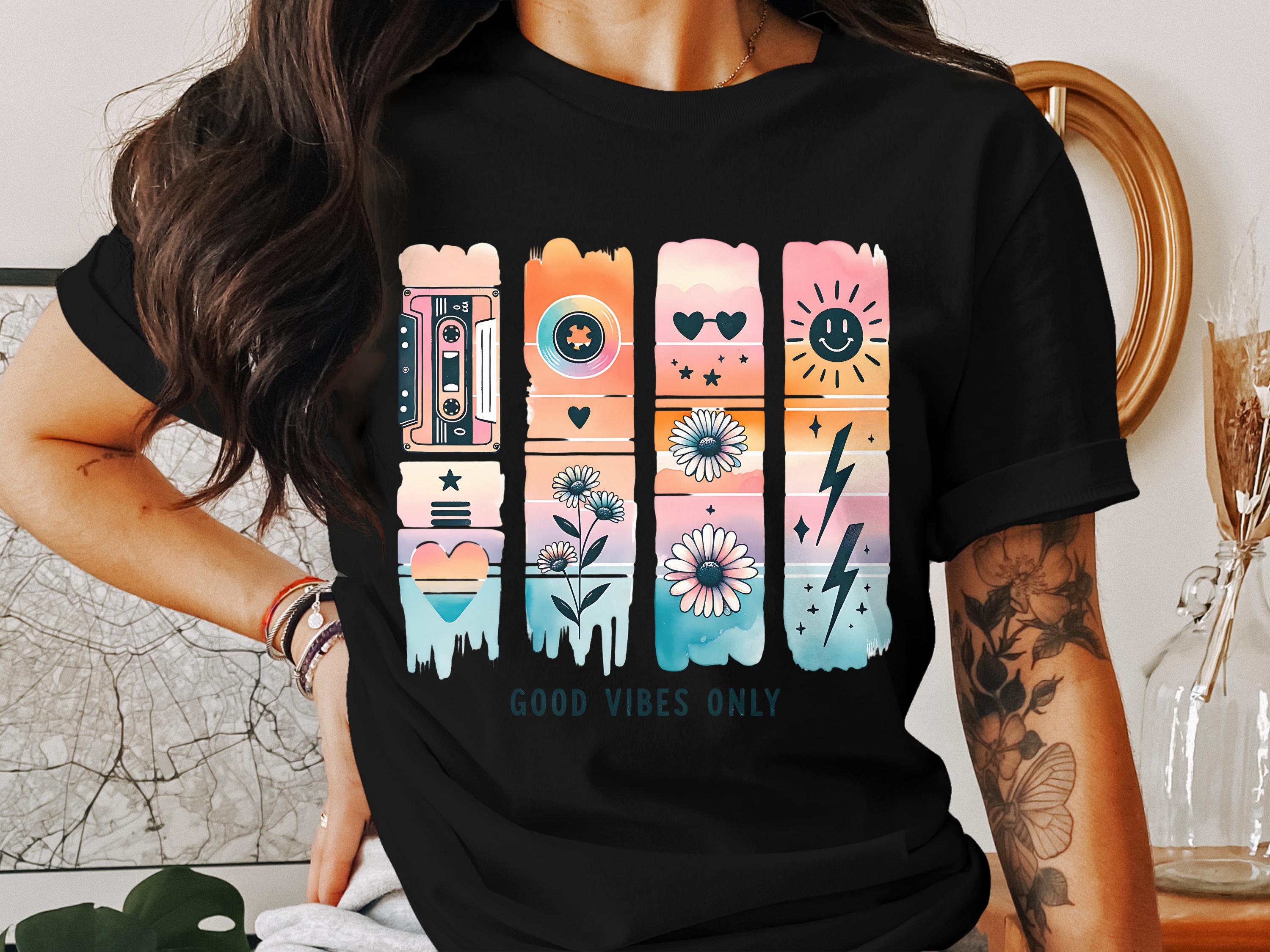 Women's Boho Graphic T-Shirt, Good Vibes Only, Colorful Retro Print, Casual Summer Top, Trendy Streetwear Tee