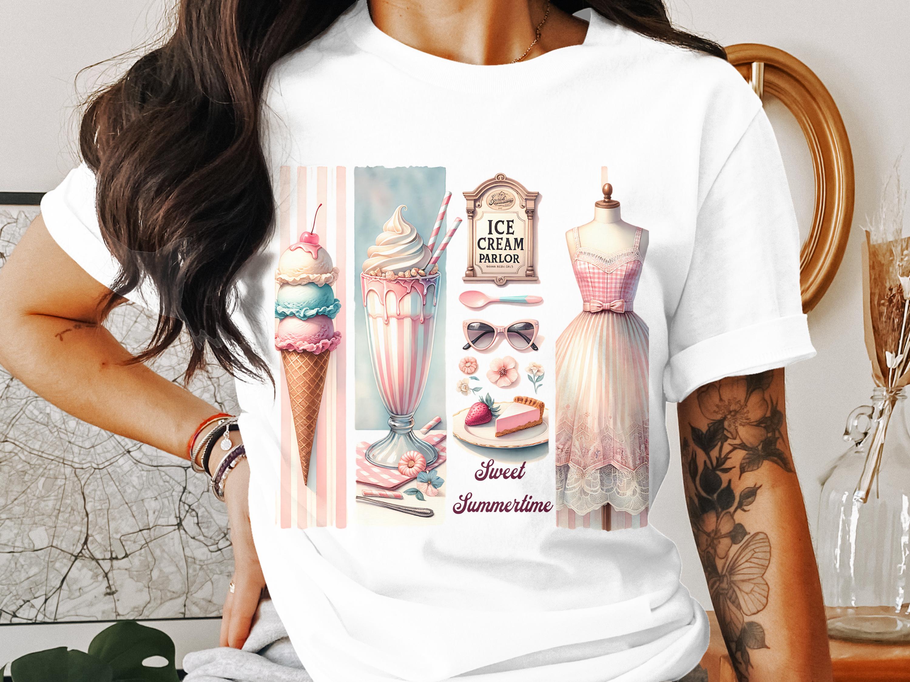 Women's White T-Shirt with Vintage Ice Cream and Sundress Print, Casual Summer Top, Fashionable Streetwear Shirt for Her