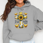 Jesus and Chickens Hoodie, Sunflower Farmhouse Graphic, Religious Casual Wear, Unisex Gray Sweatshirt