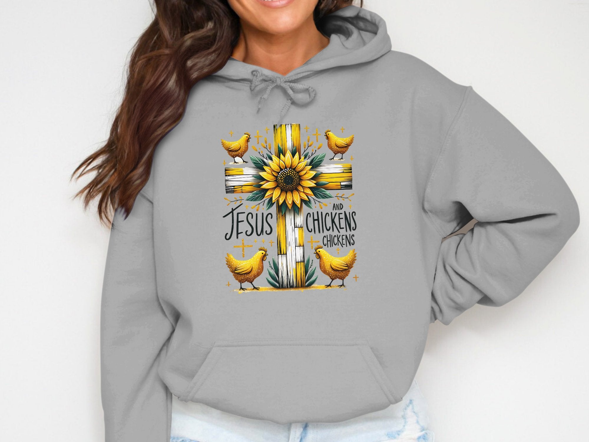 Jesus and Chickens Hoodie, Sunflower Farmhouse Graphic, Religious Casual Wear, Unisex Gray Sweatshirt