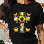 Women's Christian Graphic T-Shirt, Black Jesus Cross Design, Religious Sunflower Top, Faith-Based Apparel, Gift Idea