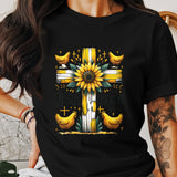 Women's Christian Graphic T-Shirt, Black Jesus Cross Design, Religious Sunflower Top, Faith-Based Apparel, Gift Idea