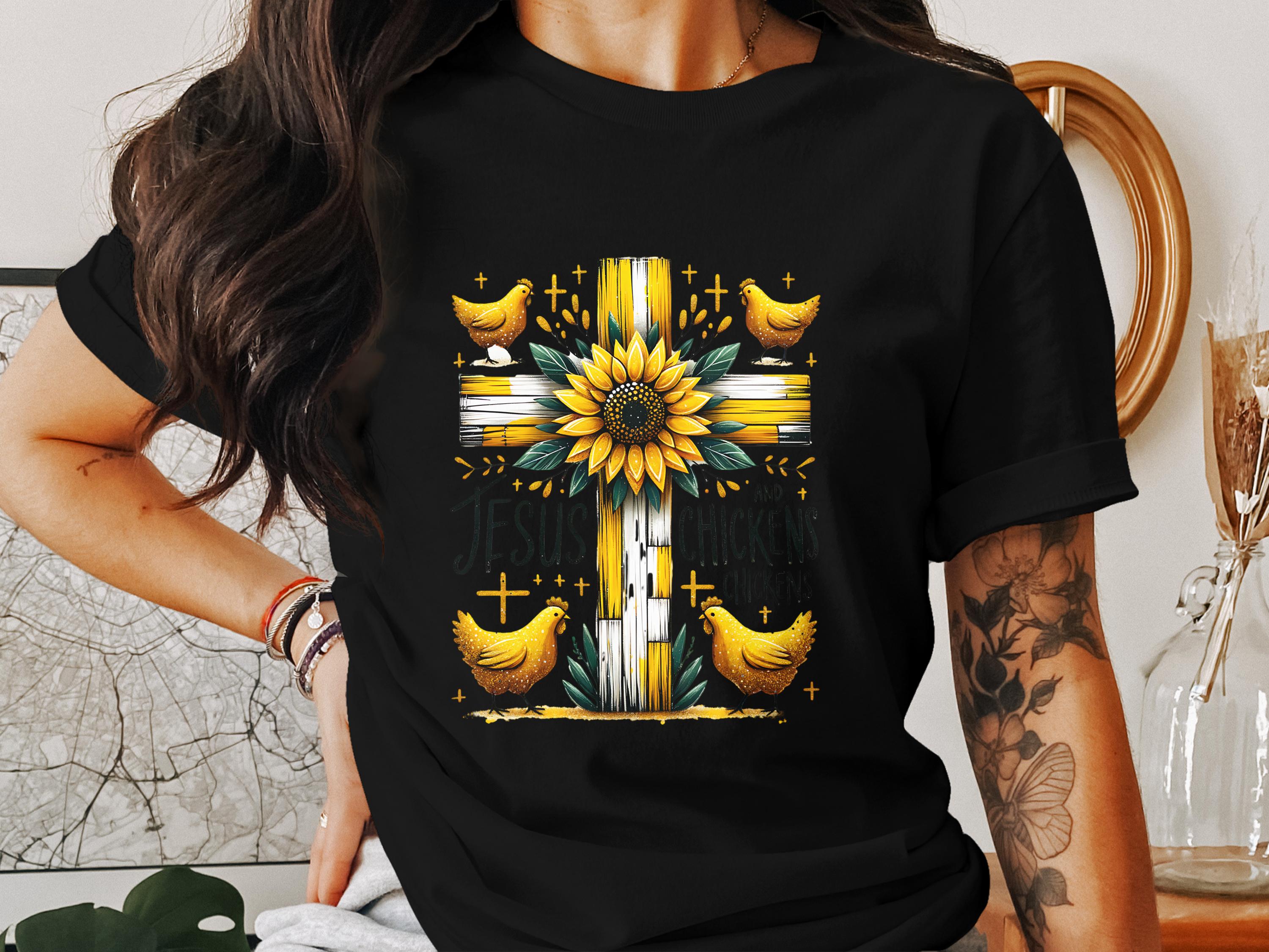 Women's Christian Graphic T-Shirt, Black Jesus Cross Design, Religious Sunflower Top, Faith-Based Apparel, Gift Idea