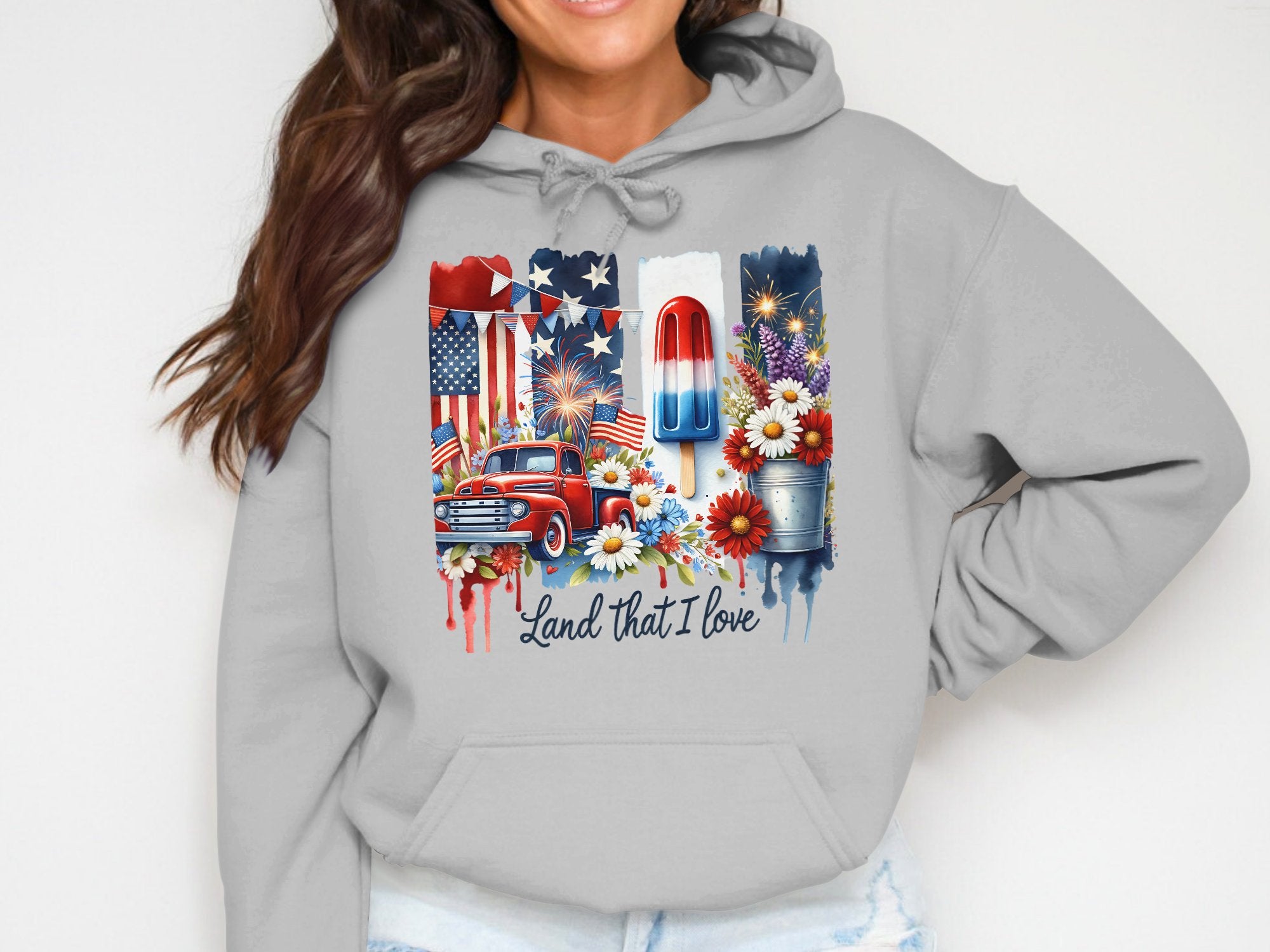 Patriotic Hoodie Sweatshirt 4th of July Fireworks USA Flag Truck Print Women's Casual Pullover