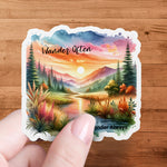 Wander Often Wonder Always Sticker, Nature Landscape Decal, Sunset Scenery, Mountain Vinyl Stickers for Laptop and Water Bottle