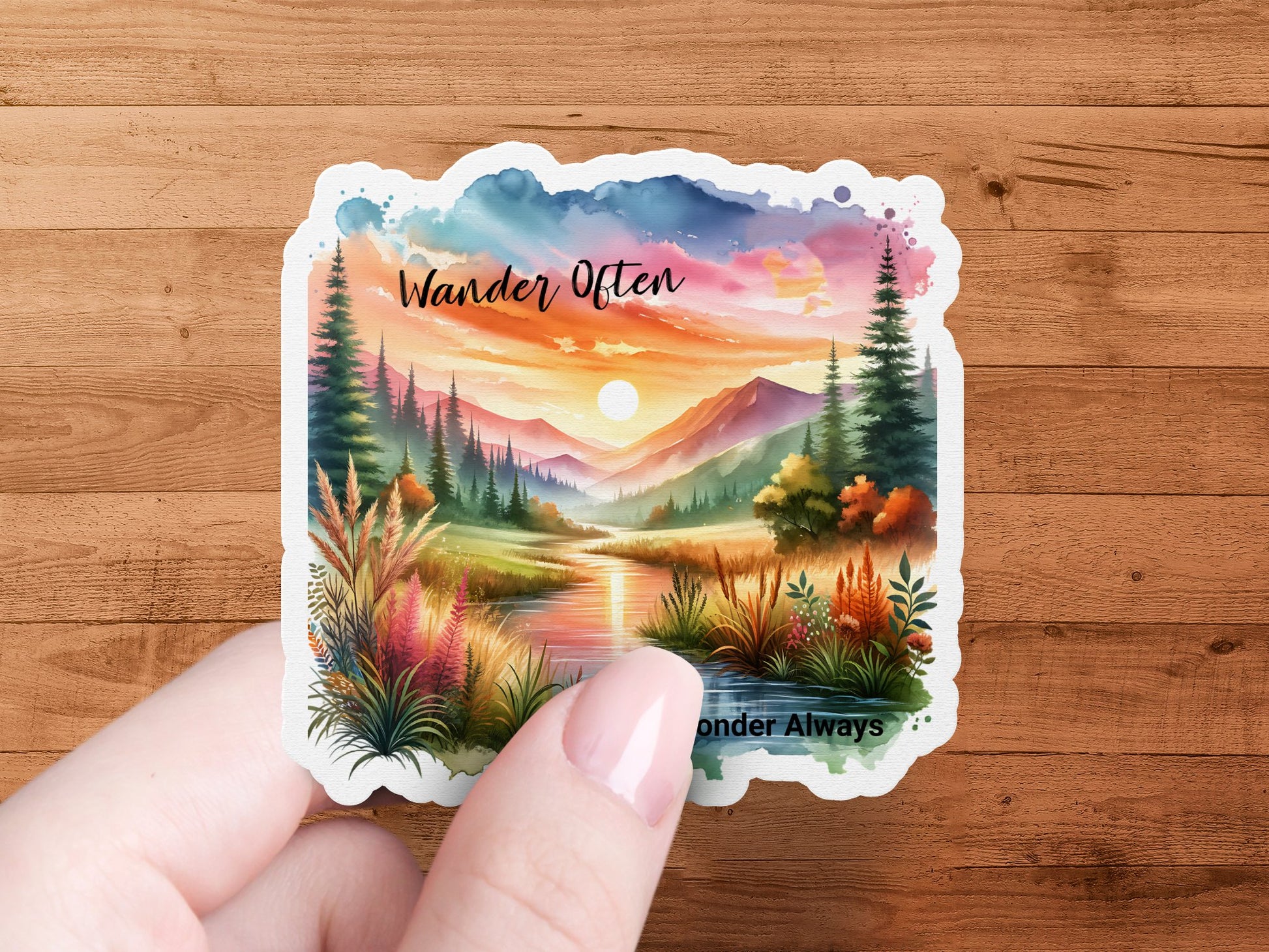 Wander Often Wonder Always Sticker, Nature Landscape Decal, Sunset Scenery, Mountain Vinyl Stickers for Laptop and Water Bottle