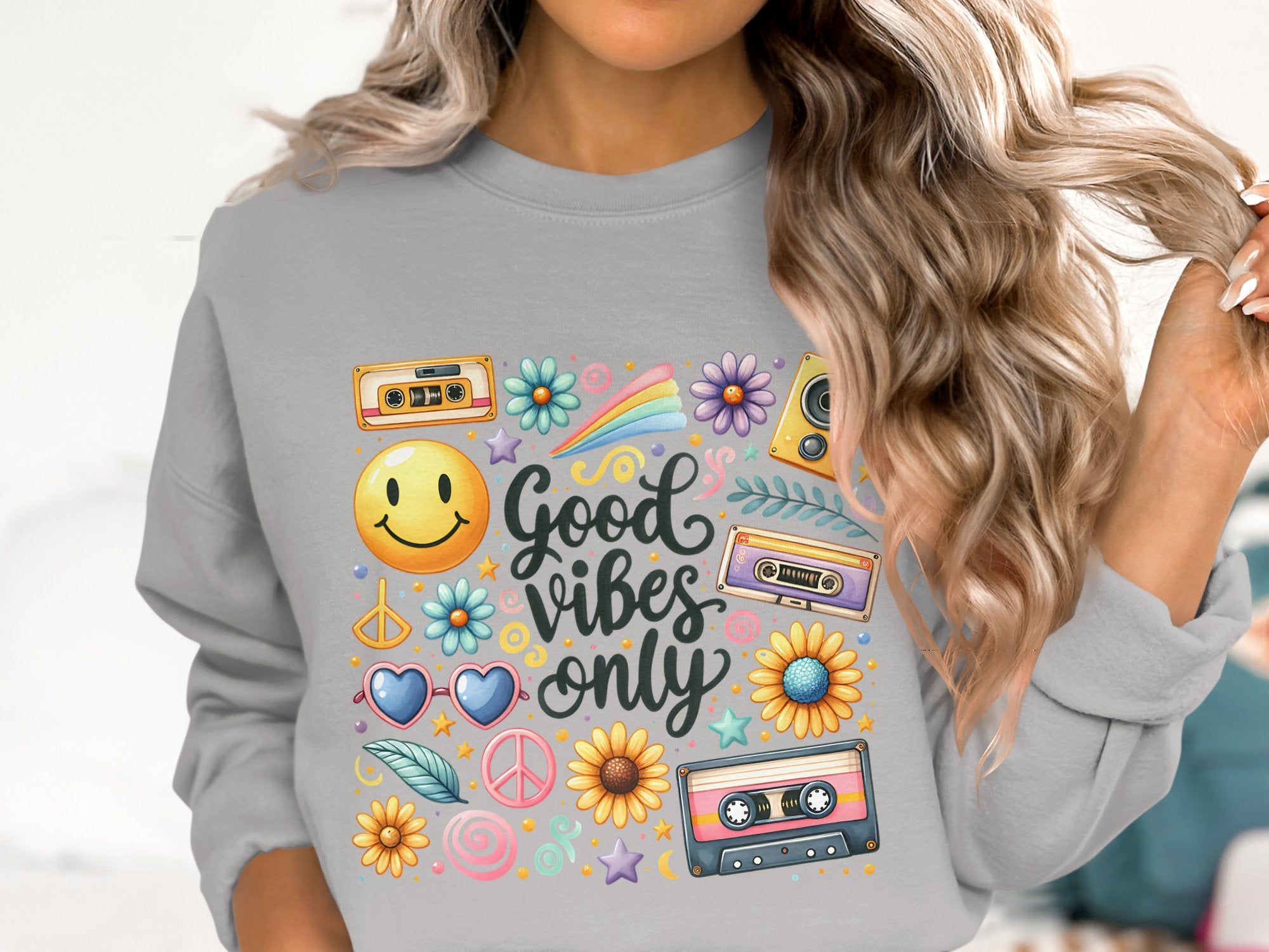 Good Vibes Only Graphic Sweatshirt, Retro Smiley Face and Cassette, Colorful Boho Style Crewneck, Vintage Inspired Casual Wear