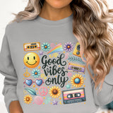 Good Vibes Only Graphic Sweatshirt, Retro Smiley Face and Cassette, Colorful Boho Style Crewneck, Vintage Inspired Casual Wear