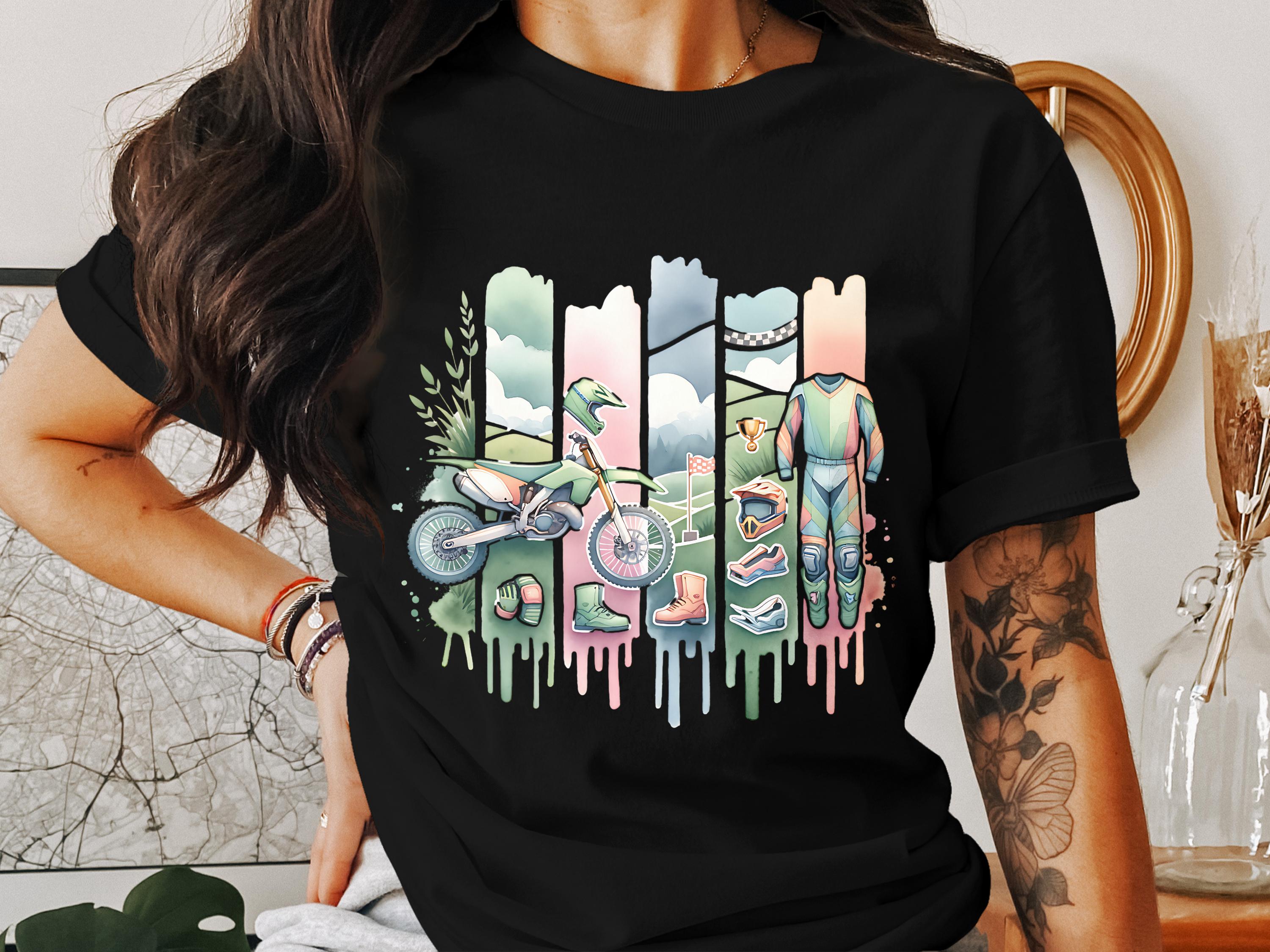 Women's Black T-Shirt with Colorful Motorcycle and Nature Graphic Design, Casual Streetwear