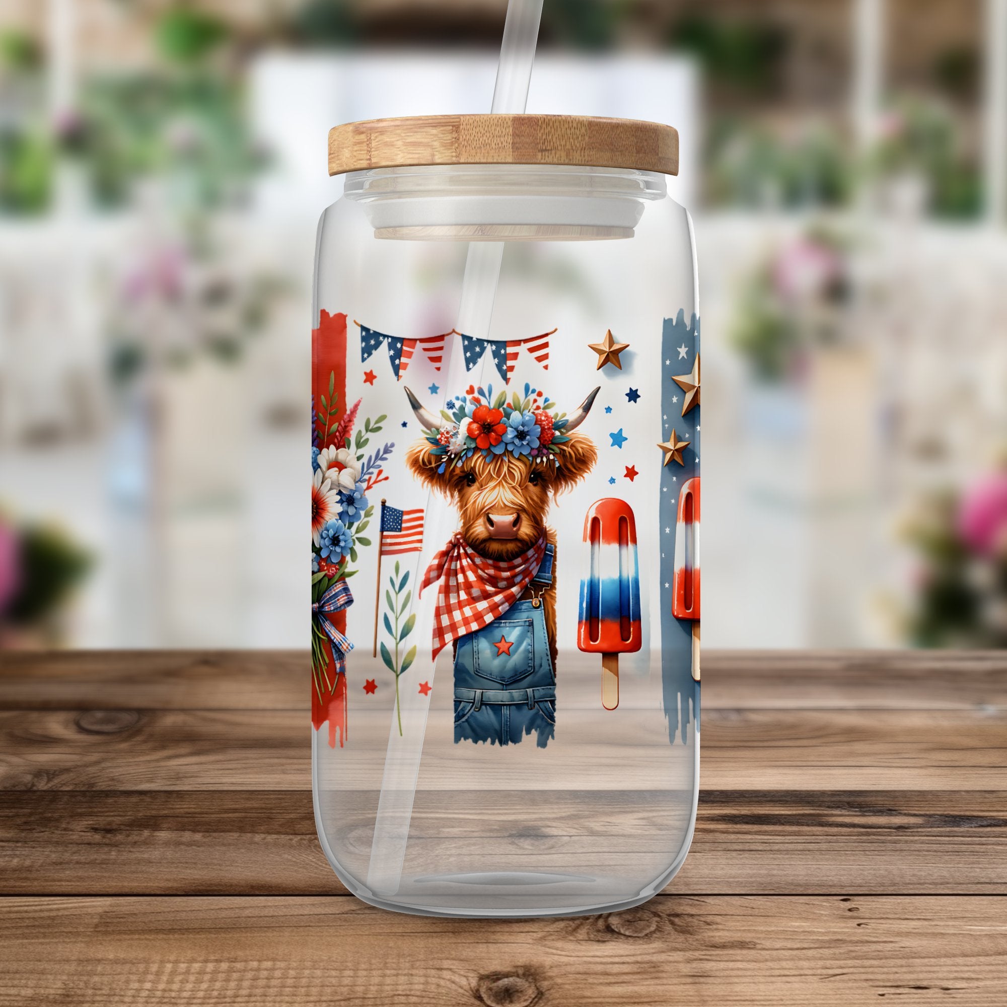 Patriotic Bear Glass Jar, American Flag Floral Design, Wooden Lid, Reusable Water Container, Cute Summer Kitchen Decor