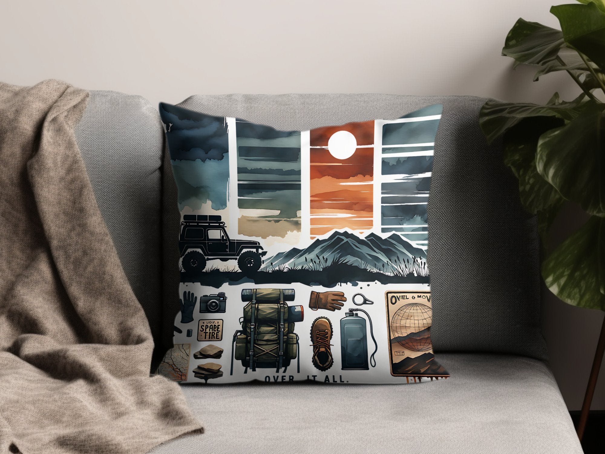 Adventure Throw Pillow Cover, Off-Road Jeep Mountain Sunset Decorative Cushion Case for Couch or Bed, Outdoor Themed Room Decor