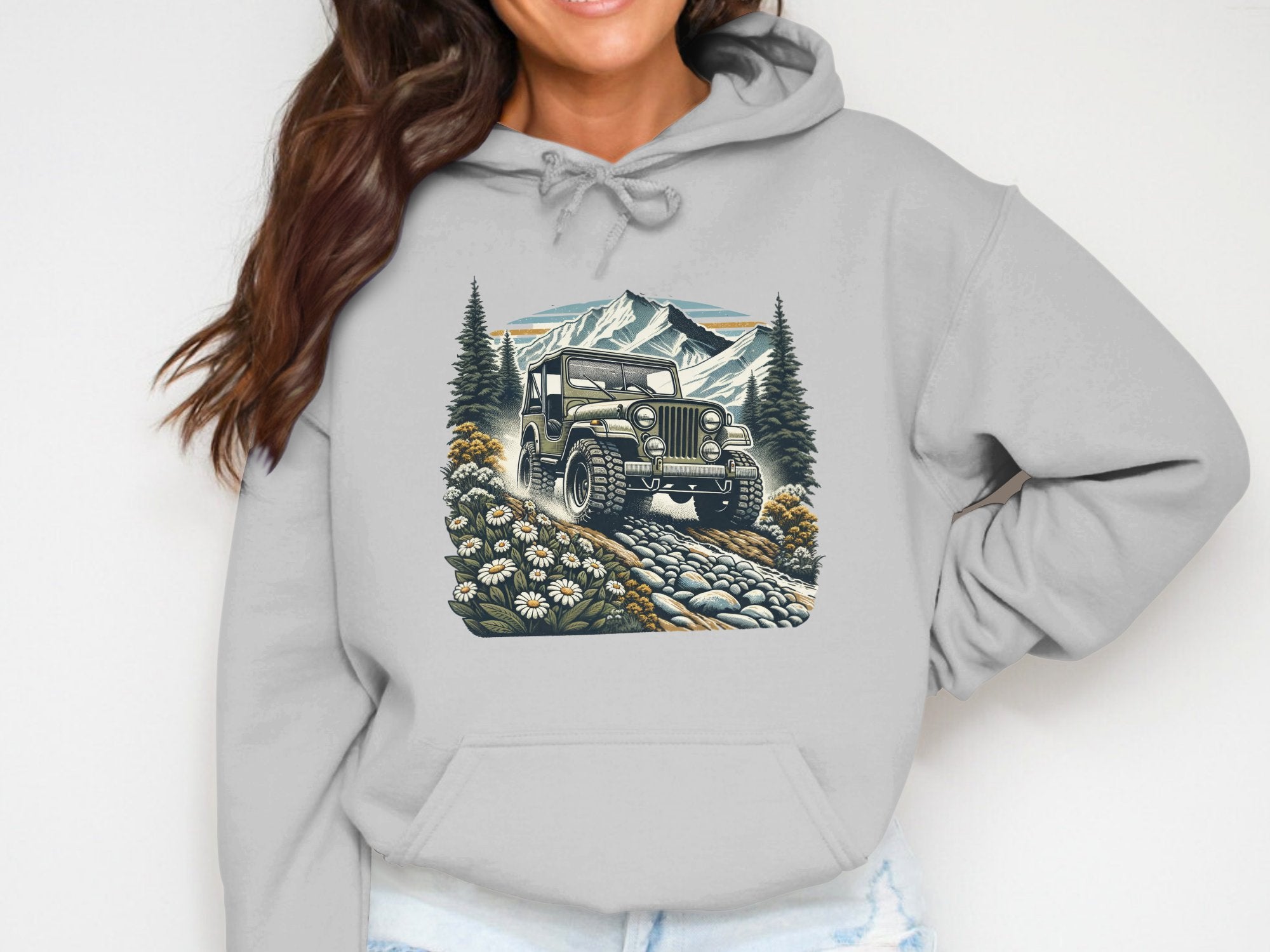Vintage Off-Road Jeep Hoodie, Mountain Adventure Graphic Sweatshirt, Unisex Outdoor Apparel, Gift for Hikers
