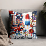 Patriotic Throw Pillow, Vintage Red Truck, American Flag, Fireworks Design, 4th of July Home Decor, Sofa Cushion
