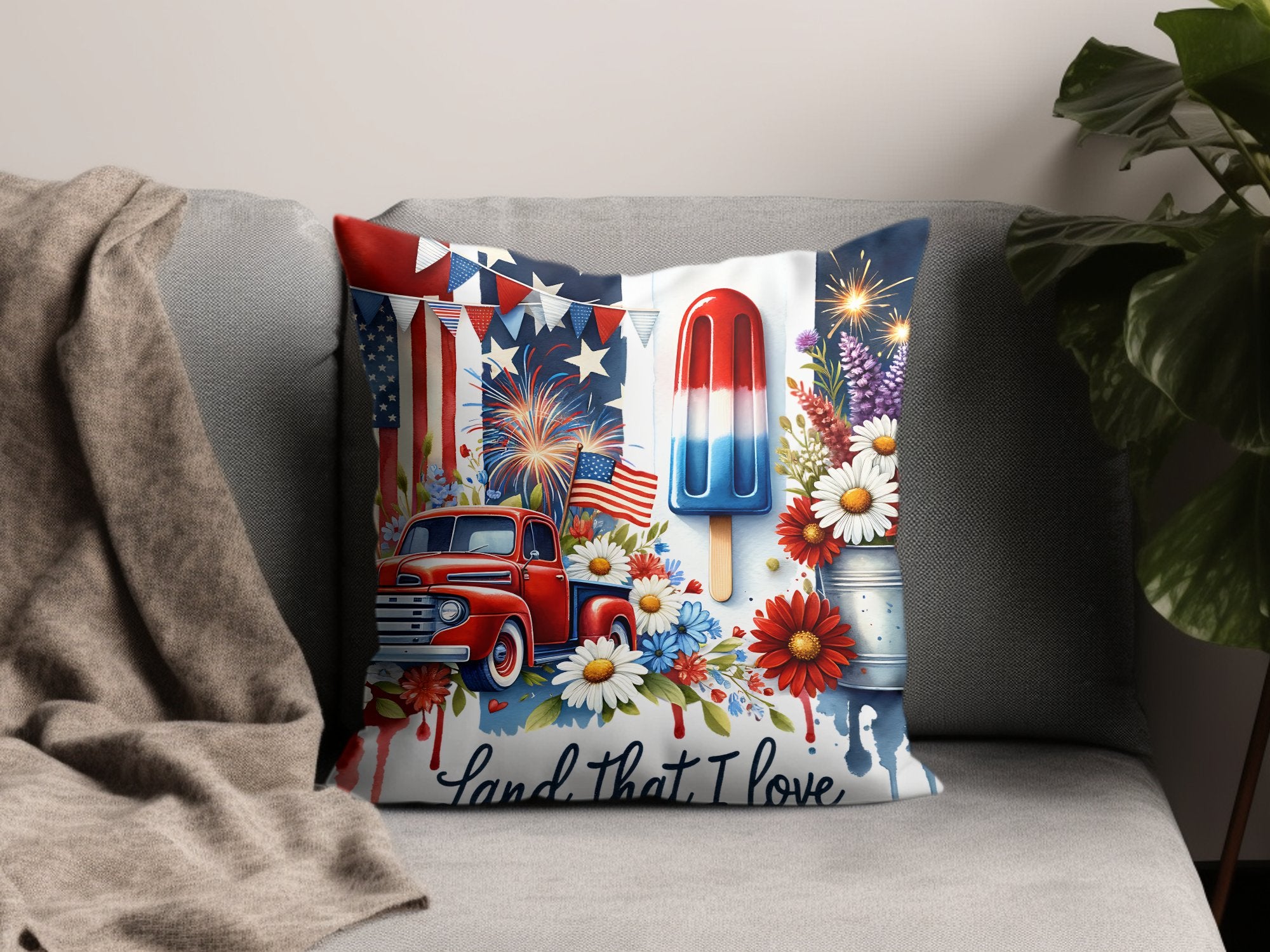 Patriotic Throw Pillow, Vintage Red Truck, American Flag, Fireworks Design, 4th of July Home Decor, Sofa Cushion