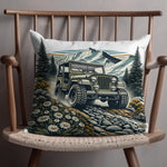 Vintage Off-Road Jeep Adventure Throw Pillow, Mountain Landscape Cushion, Rustic Cabin Decor, Outdoor Theme Home Accessory