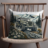 Vintage Off-Road Jeep Adventure Throw Pillow, Mountain Landscape Cushion, Rustic Cabin Decor, Outdoor Theme Home Accessory