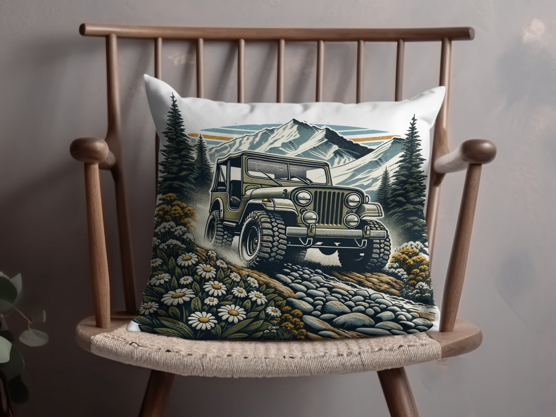 Vintage Off-Road Jeep Adventure Throw Pillow, Mountain Landscape Cushion, Rustic Cabin Decor, Outdoor Theme Home Accessory