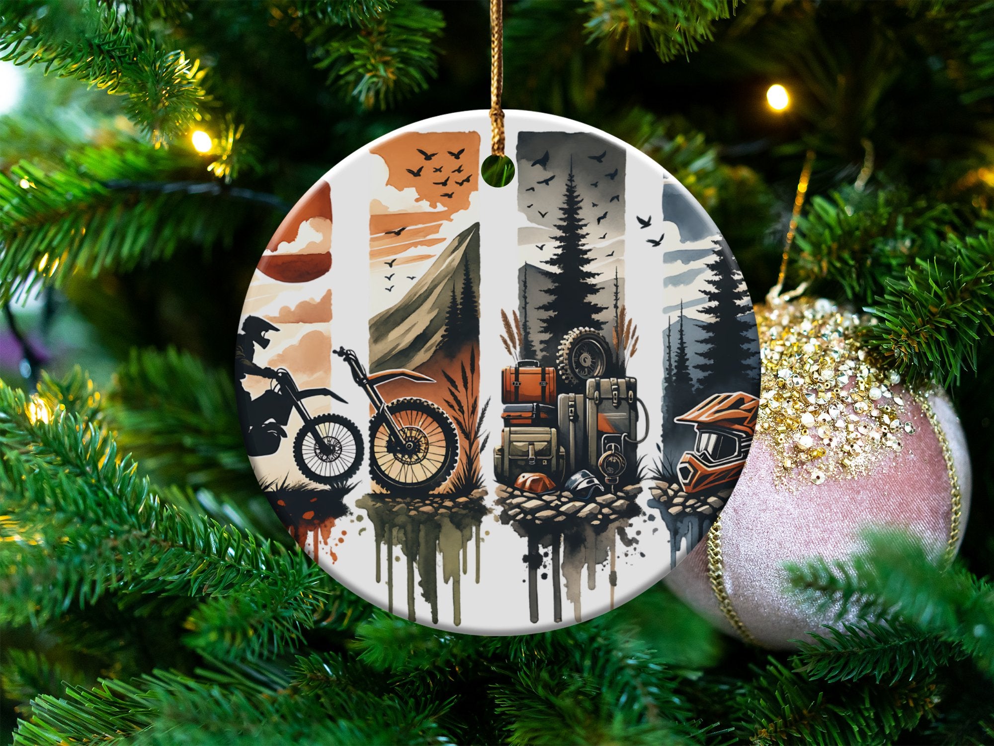 Adventure Themed Christmas Ornament, Mountain Bike Camper Design, Unique Holiday Tree Decoration
