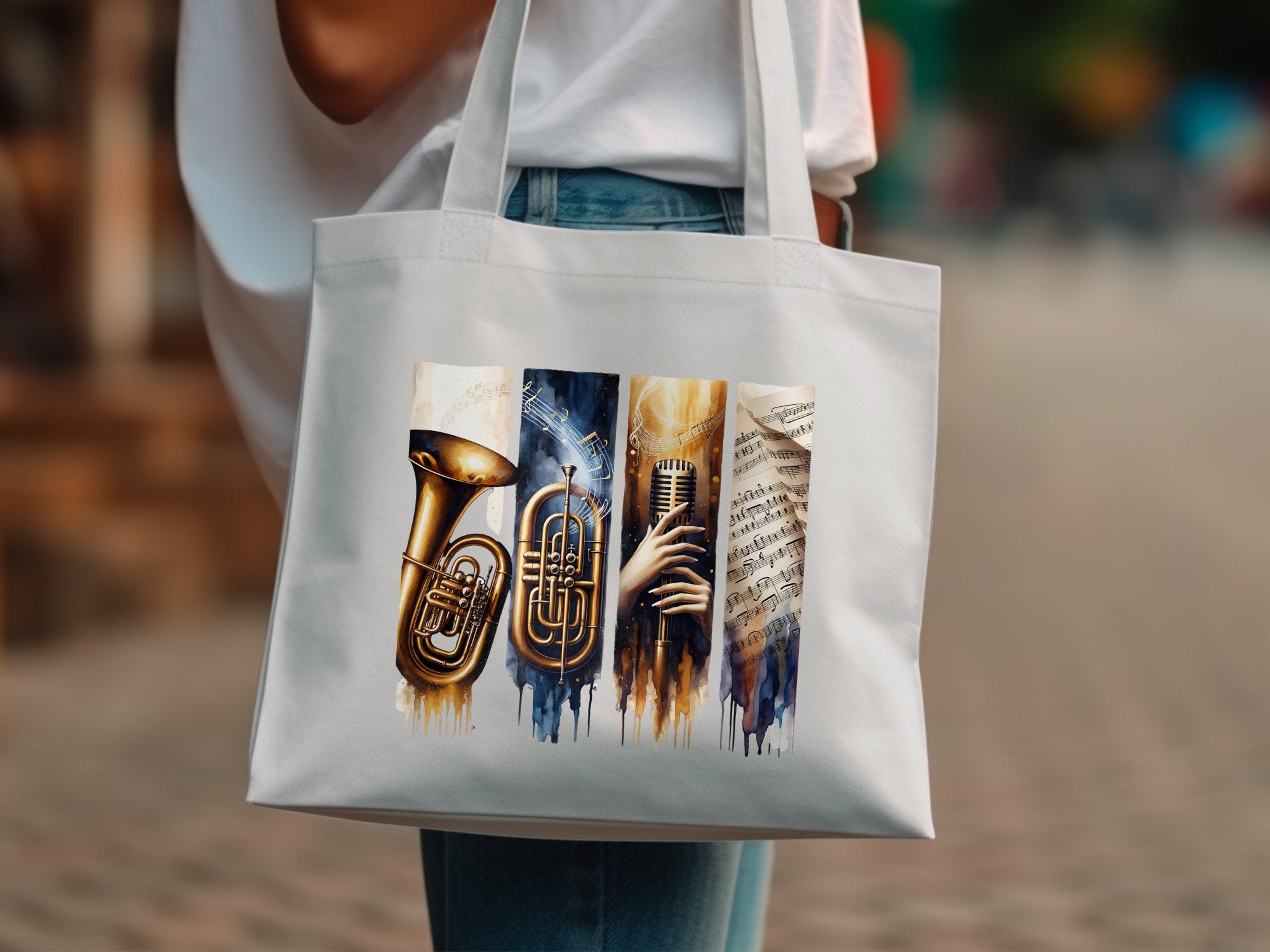 Music Themed Canvas Tote Bag, Jazz Instruments Art Print, Stylish Shoulder Carry Bag, Durable Eco-Friendly Shopping Bag