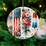 Patriotic Christmas Tree Ornament, American Flag and Floral Design, Festive Holiday Decor, Unique Seasonal Gift, Ceramic Round