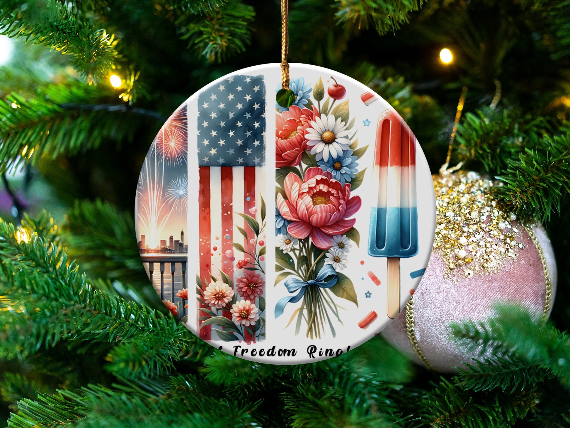 Patriotic Christmas Tree Ornament, American Flag and Floral Design, Festive Holiday Decor, Unique Seasonal Gift, Ceramic Round