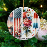 Patriotic Christmas Tree Ornament, American Flag and Floral Design, Festive Holiday Decor, Unique Seasonal Gift, Ceramic Round