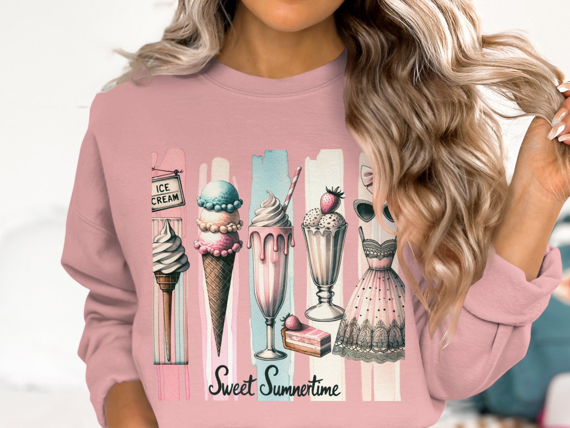 Women's Sweet Summertime Sweatshirt, Vintage Ice Cream Graphics, Cozy Pink Pullover, Fashion Top
