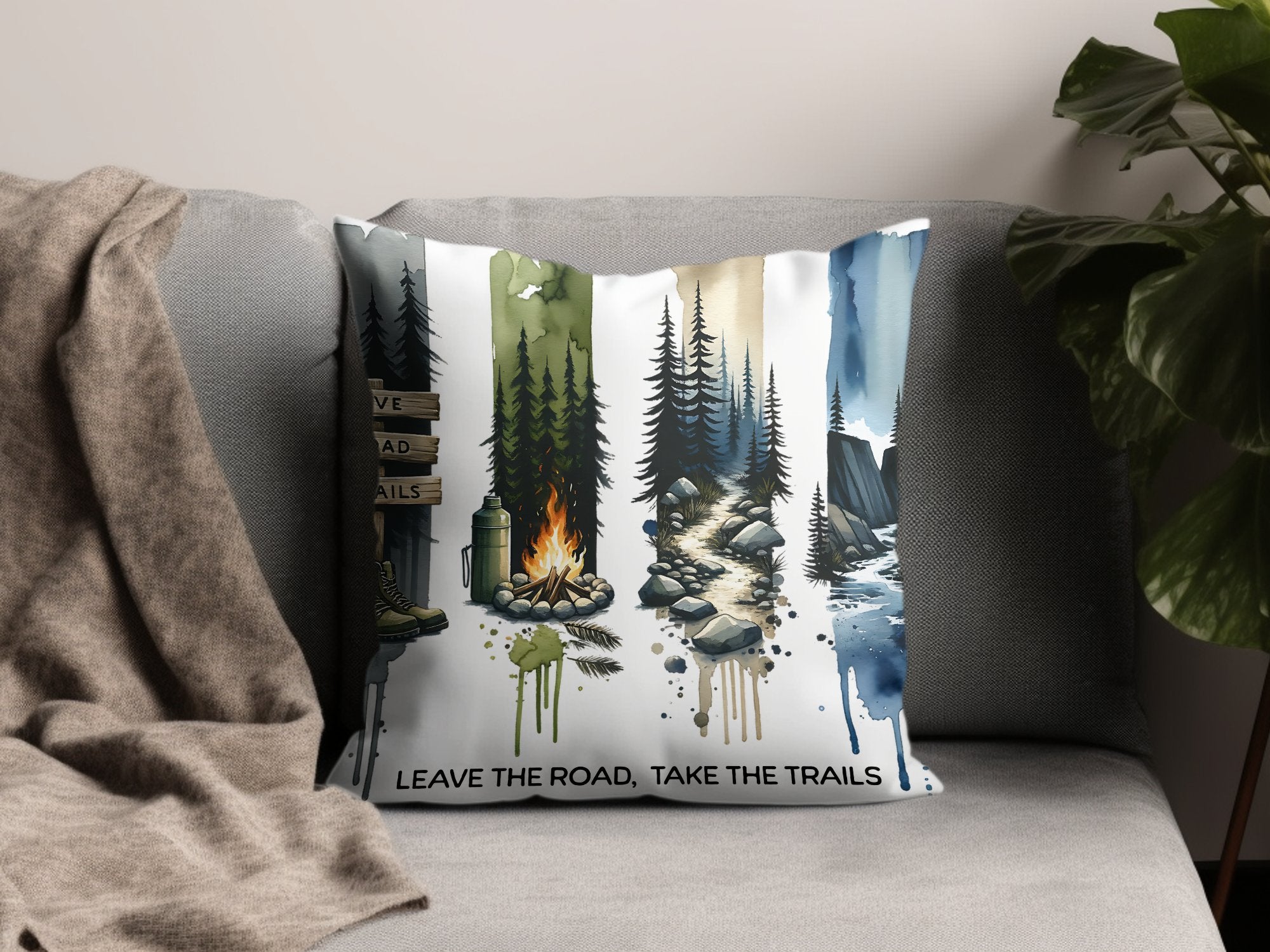 Nature Themed Cushion Cover, Forest and Hiking Trail Illustration, Outdoor Adventure Decorative Pillow, Home Decor Gift