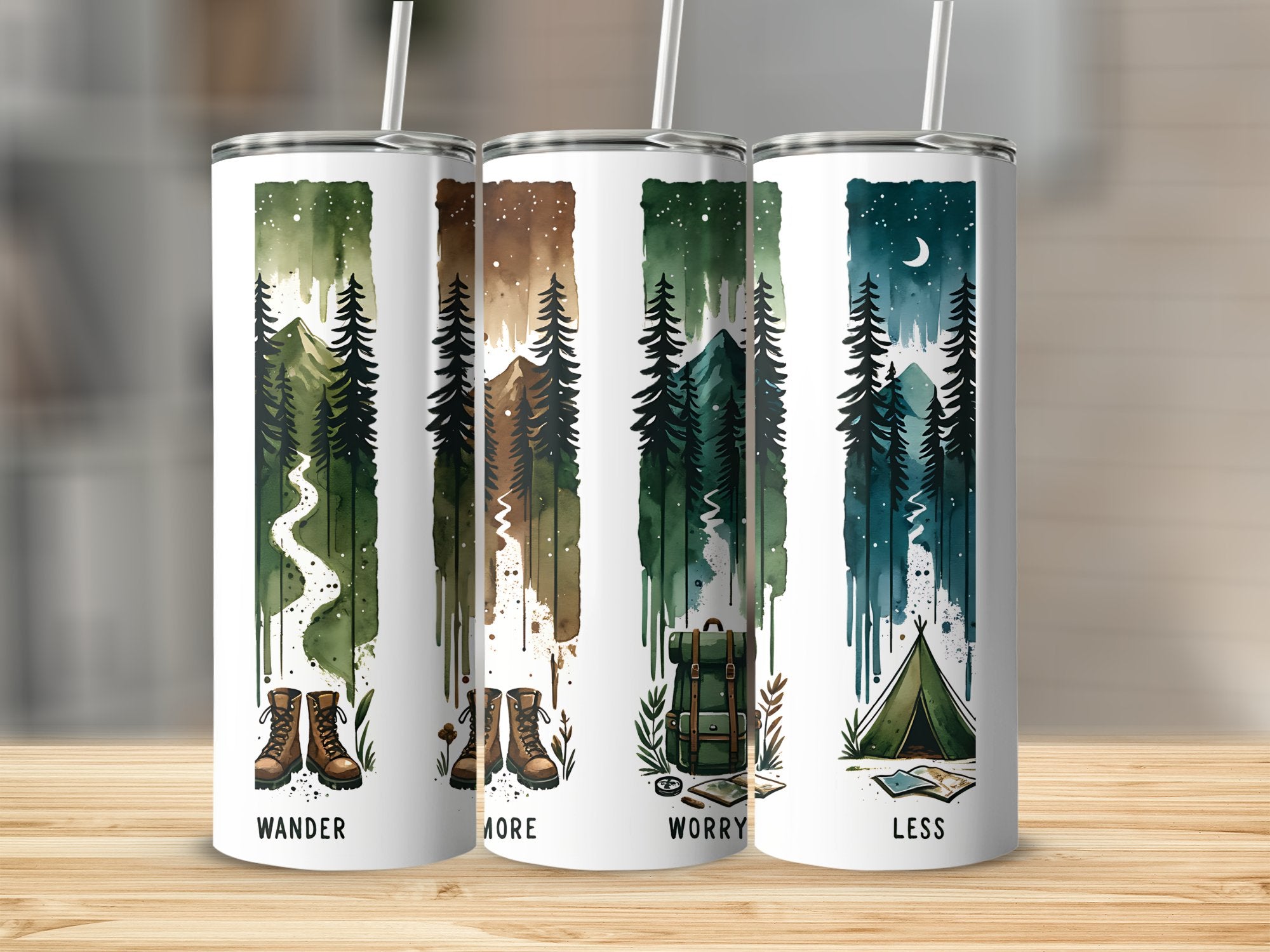 Set of 4 Nature Inspired Tumblers, Stainless Steel Forest Design Travel Mugs with Straws, Camping Enthusiast Drinkware Gift