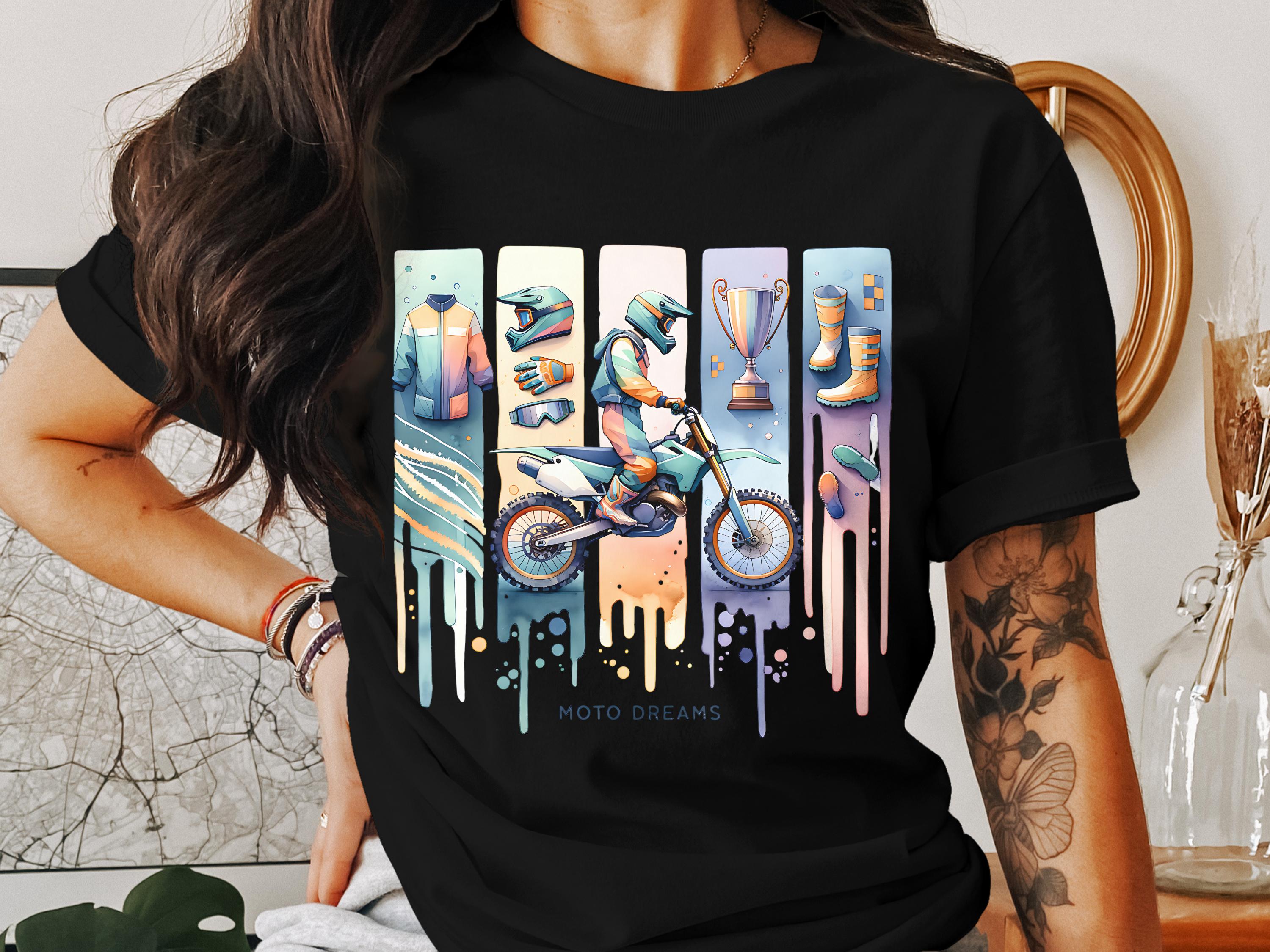 Colorful Moto Dreams Graphic T-Shirt, Stylish Motorcycle Design, Urban Fashion Tee, Casual Wear, Unique Biker Gift