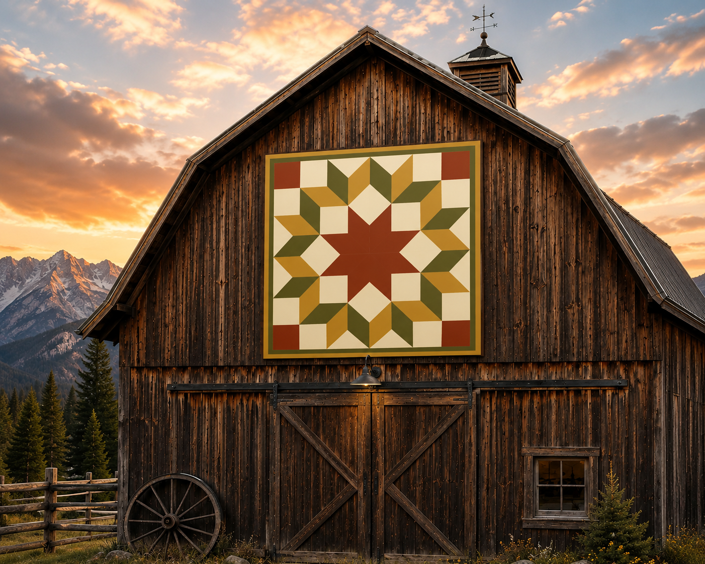 A large quilted wall hanging with a geometric star pattern in red, green, beige, and gold is displayed on the front of a rustic dark brown wooden barn, set against a mountain landscape at sunset.