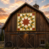 A large quilted wall hanging with a geometric star pattern in red, green, beige, and gold is displayed on the front of a rustic dark brown wooden barn, set against a mountain landscape at sunset.