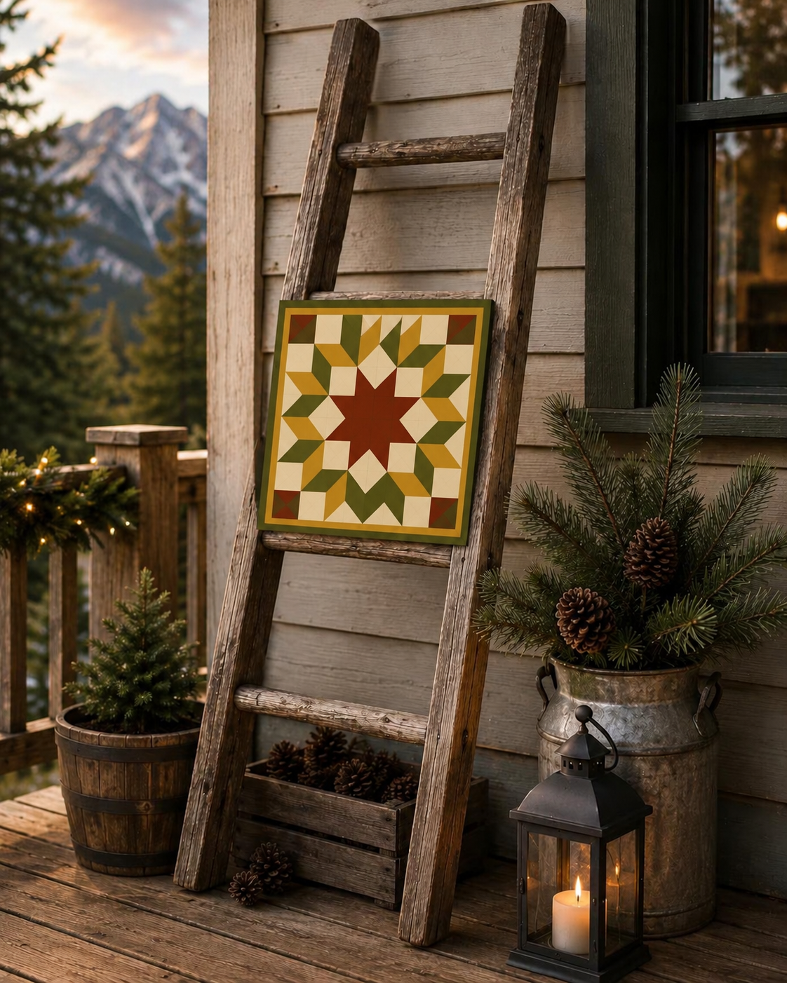 A rustic wooden ladder leans against a house exterior on a porch, displaying a square quilted tile with a geometric star pattern in green, yellow, cream, and brown. The scene includes potted evergreens in galvanized buckets, pinecones in a wooden crate, a lit lantern, and mountains in the background.