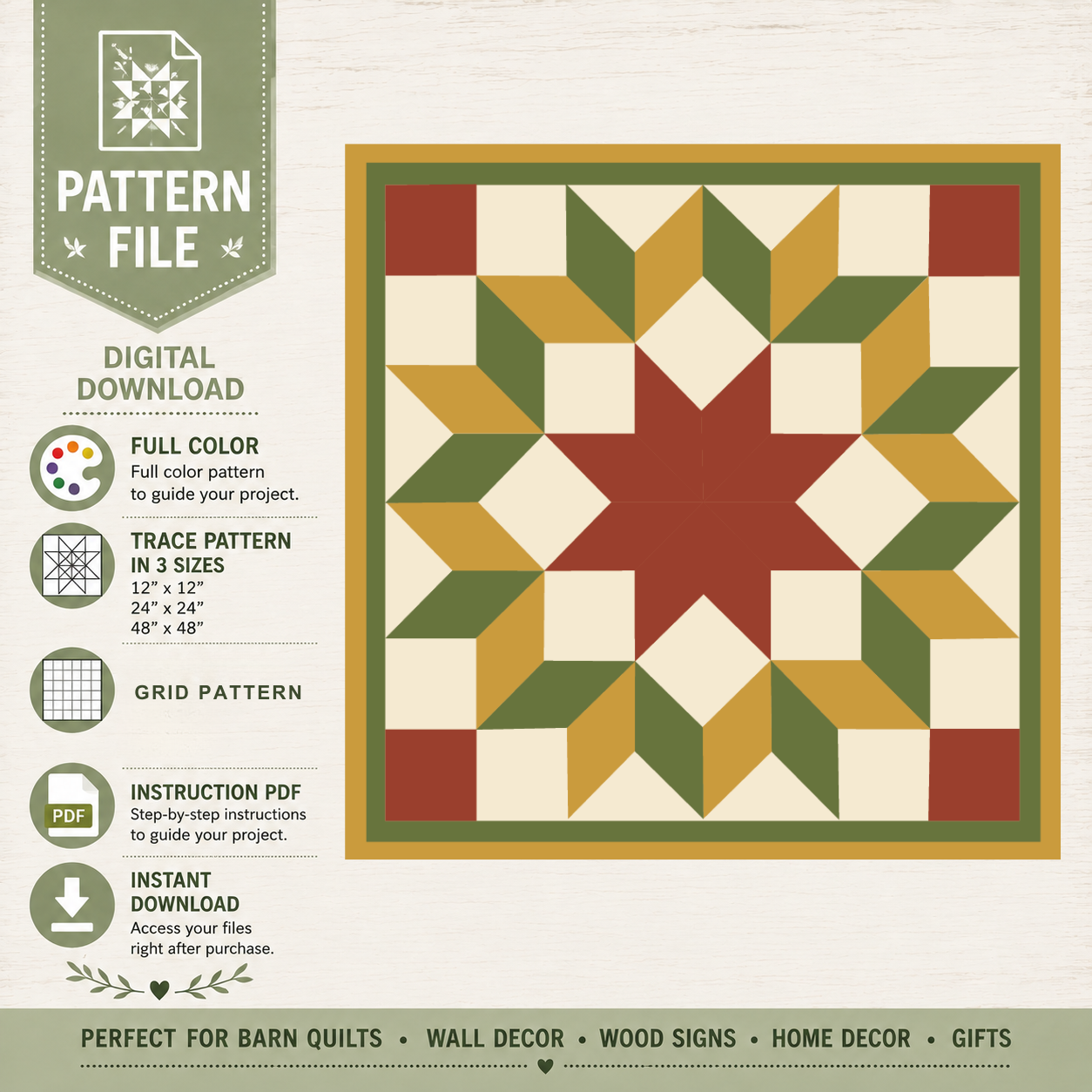 Digital quilt pattern file preview showing a geometric star-and-stripe quilt design with a green border, cream background sections, and red and mustard yellow star elements. Left-side text lists features like full color, trace pattern in 3 sizes, grid pattern, instruction PDF, and instant download.