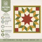 Digital quilt pattern file preview showing a geometric star-and-stripe quilt design with a green border, cream background sections, and red and mustard yellow star elements. Left-side text lists features like full color, trace pattern in 3 sizes, grid pattern, instruction PDF, and instant download.