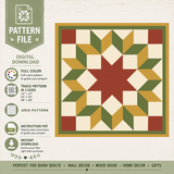 Digital quilt pattern file preview showing a geometric star-and-stripe quilt design with a green border, cream background sections, and red and mustard yellow star elements. Left-side text lists features like full color, trace pattern in 3 sizes, grid pattern, instruction PDF, and instant download.