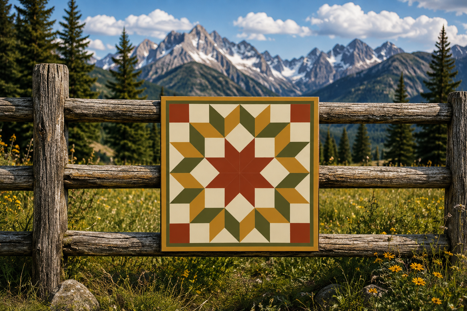 A square decorative wall art piece with a geometric starburst pattern in rust red, olive green, cream, and tan, hung on a rustic wooden fence in a mountain meadow with evergreen trees and snow-capped peaks in the background.