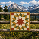 A square decorative wall art piece with a geometric starburst pattern in rust red, olive green, cream, and tan, hung on a rustic wooden fence in a mountain meadow with evergreen trees and snow-capped peaks in the background.