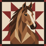 A stylized geometric illustration of a brown horse head in profile, set against a cream and dark red starburst background with a dark border.