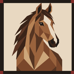 A geometric, low-poly style illustration of a horse head in profile, rendered in shades of brown and tan on a light beige background with a dark border.