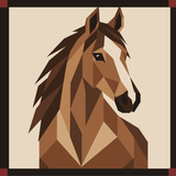 A geometric, low-poly style illustration of a horse head in profile, rendered in shades of brown and tan on a light beige background with a dark border.