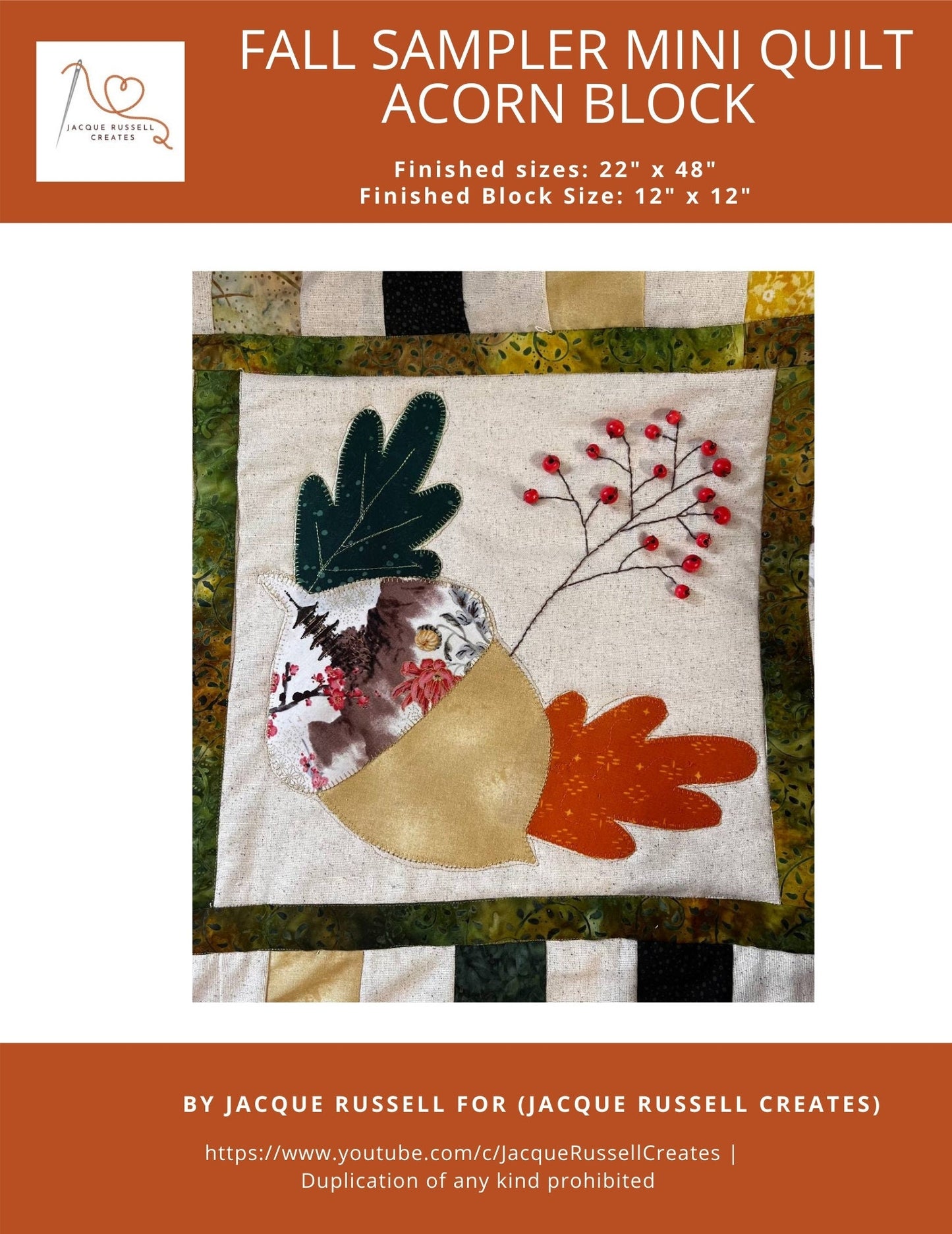 Fall Sampler Mini Quilt Acorn Block PFD Digital Pattern