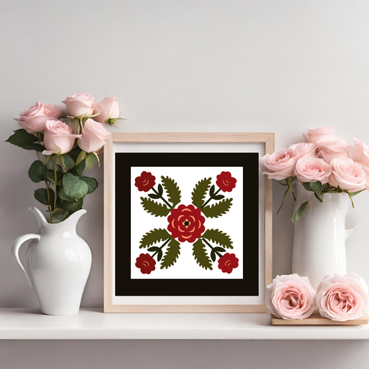 Rose Wreath Barn Quilt Pattern – Digital Download | Floral Folk Art Block in 3 Sizes with Instructions, Grid PNG & Color Chart