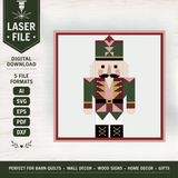 Nutcracker barn quilt SVG laser file featuring a geometric Christmas nutcracker in forest green, burgundy, blush pink, gold, cream and black. Digital laser cut design for layered wood signs, Christmas wall decor, farmhouse holiday decorations, xTool projects, Glowforge crafts and handmade gifts.
