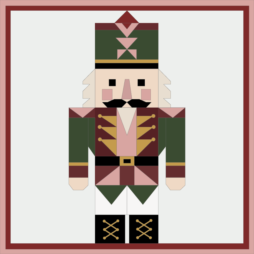 Nutcracker Christmas barn quilt pattern featuring a geometric holiday nutcracker in forest green, burgundy, blush pink, gold, cream and black. Printable DIY barn quilt design for painted wood signs, farmhouse Christmas decor, holiday wall art, porch decorations and handmade seasonal projects.
