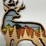 Hand-Painted 6-Layer Deer with Mountain & Tree Scene Wood Décor