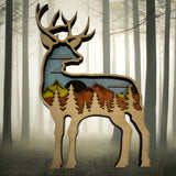 Hand-Painted 6-Layer Deer with Mountain & Tree Scene Wood Décor