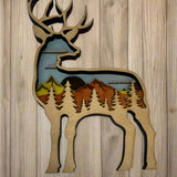 Hand-Painted 6-Layer Deer with Mountain & Tree Scene Wood Décor