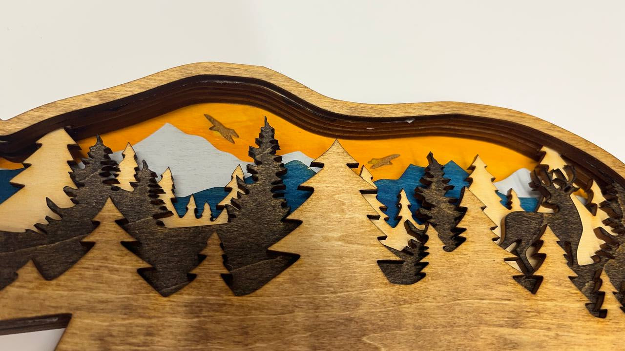 Hand-Painted 6-Layer Bear with Mountain & Tree Scene Wood Décor